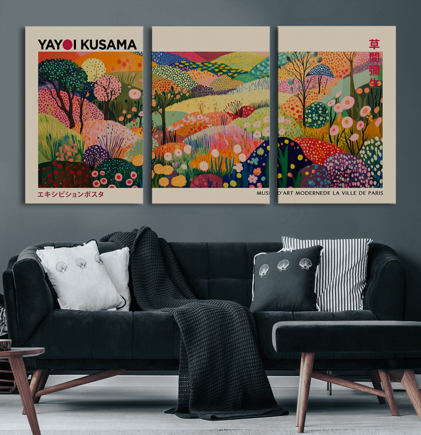 MGV-CV-60X30-3P - Framed Yayoi Kusama 1986 Wall Art Print – Japanese Wall Art Print, Wabi Sabi Yayoi Kusama Print -