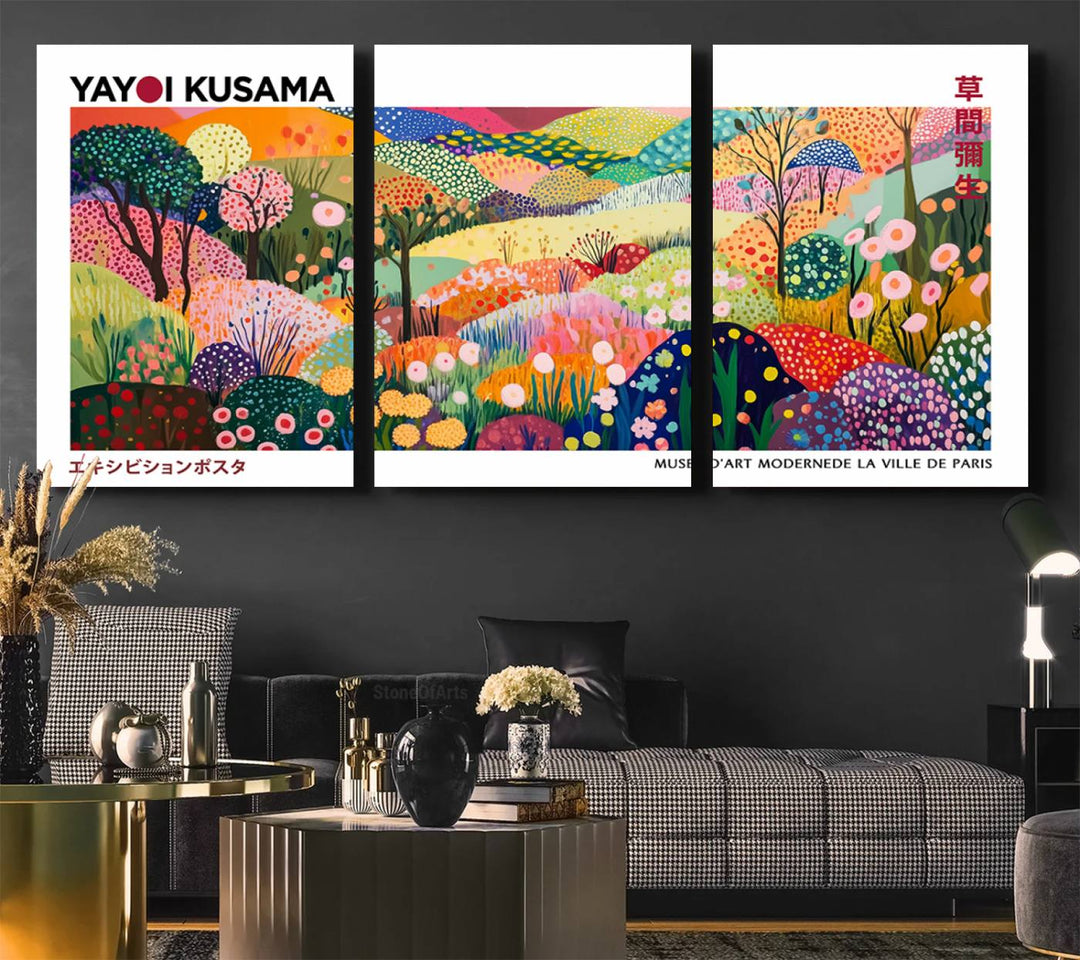 The Framed Yayoi Kusama 1986 Wall Art Print enhances the space.