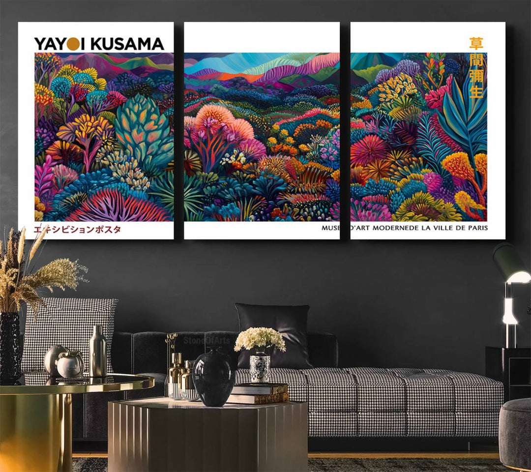 A framed Yayoi Kusama print hangs on the wall.