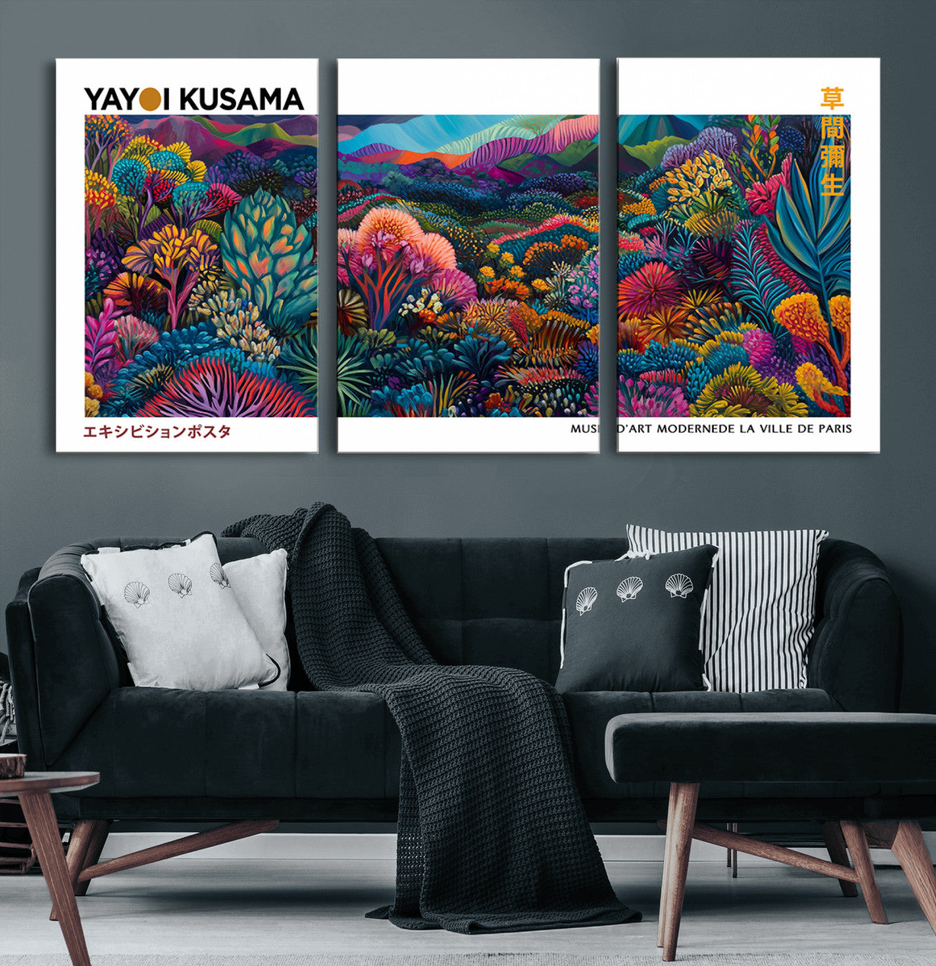 MGV-CV-60X30-3P - Framed Yayoi Kusama 1986 Wall Art Print – Japanese Wall Art Print, Wabi Sabi Yayoi Kusama Print -
