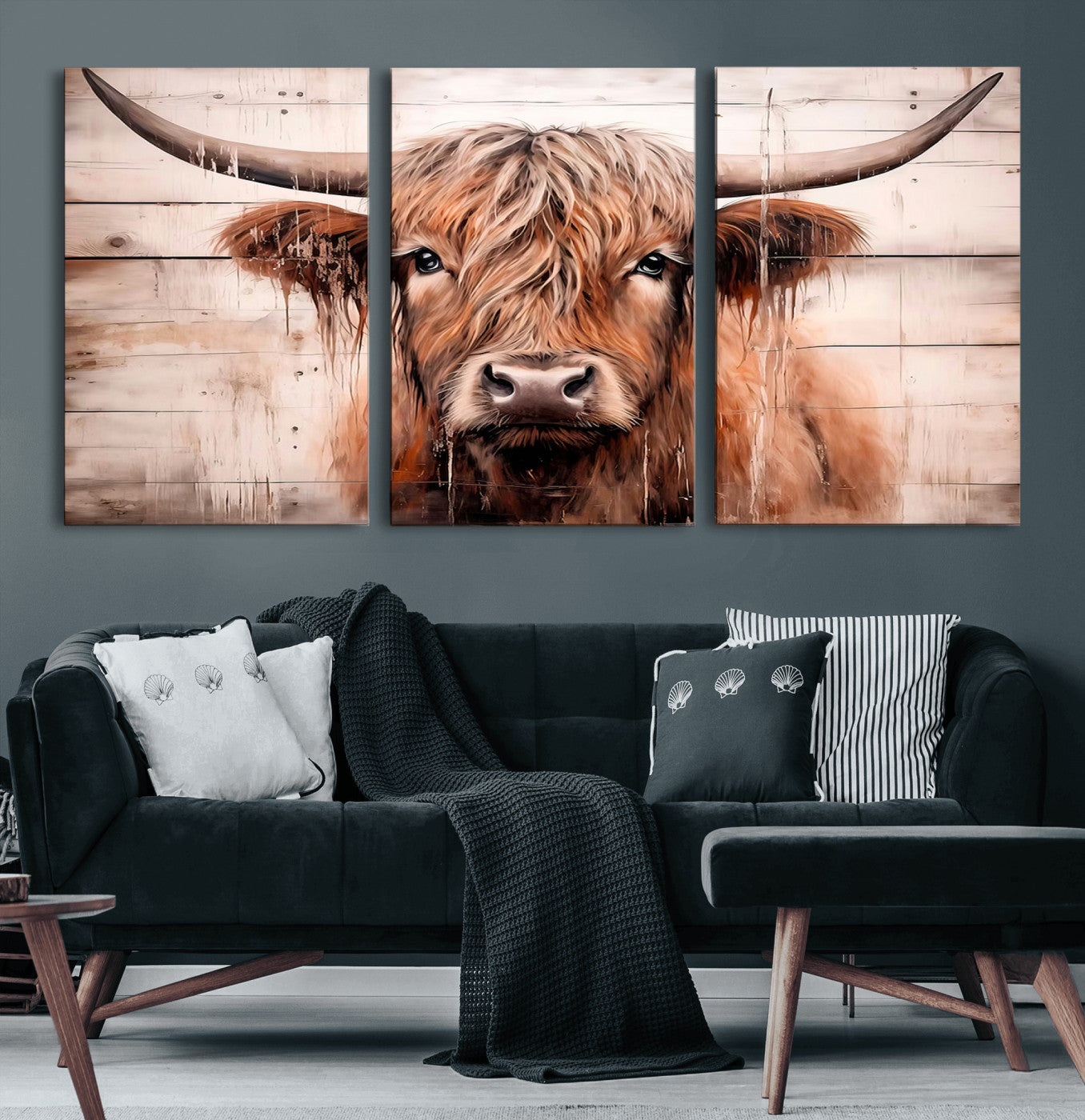 MGV-CV-60X30-3P - Vintage Scottish Highland Cow Cattle Art Print Farmhouse Wall Art Canvas Print