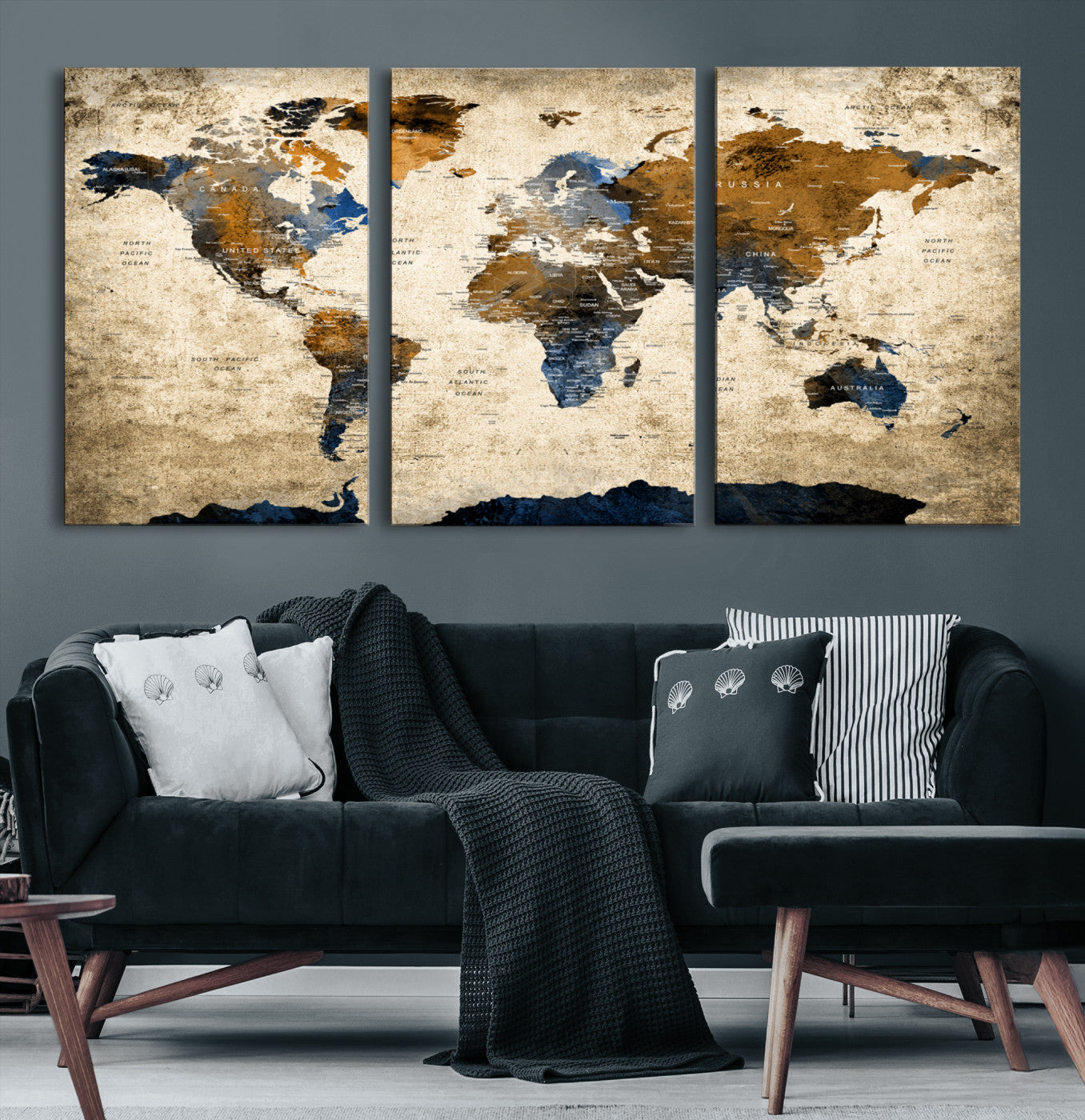 51140-MGV-CV-36X24-Vintage World Map Canvas Wall Art – Textured Triptych Map Print – Global Decor for Living Room or Office – Ready to Hang