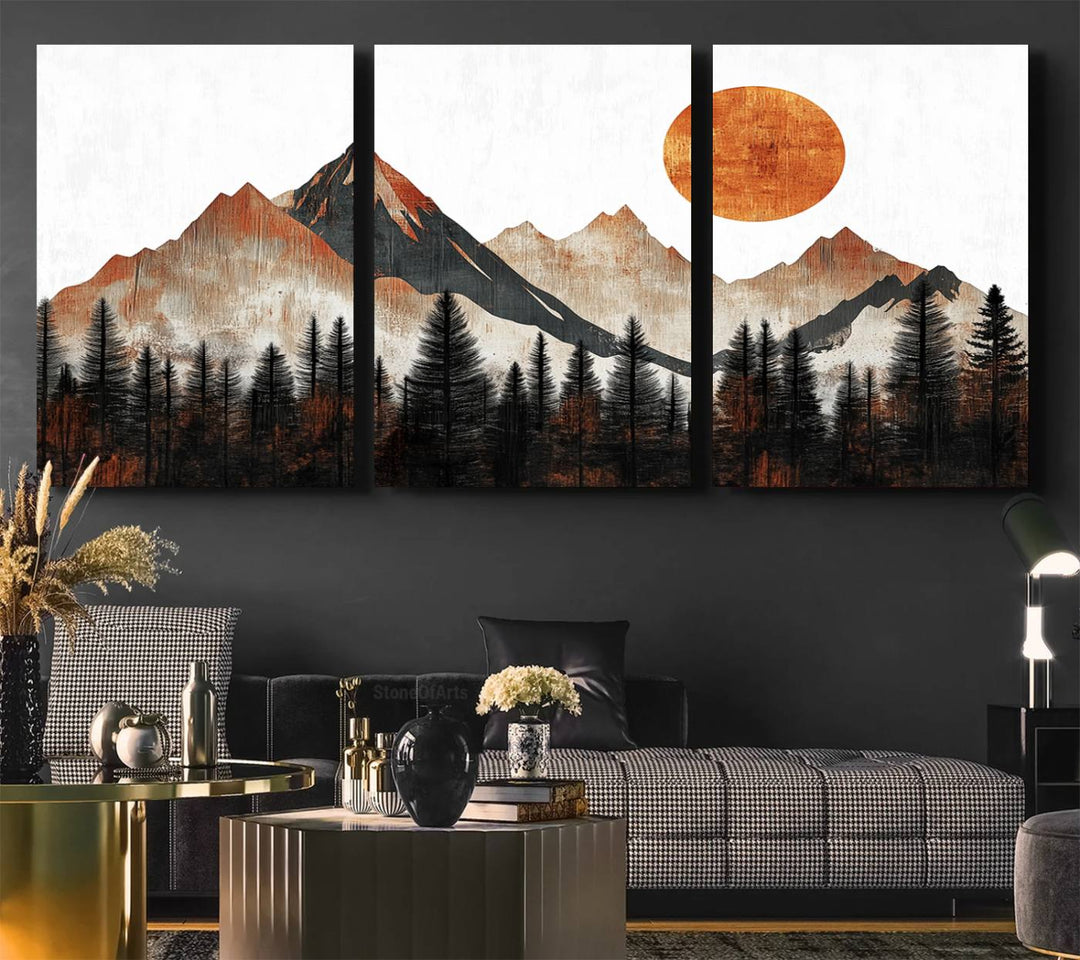 The "Modern Abstract Mountain Canvas Wall Art Print" in the living room features an abstract landscape of mountains, trees, and a warm-toned sun.