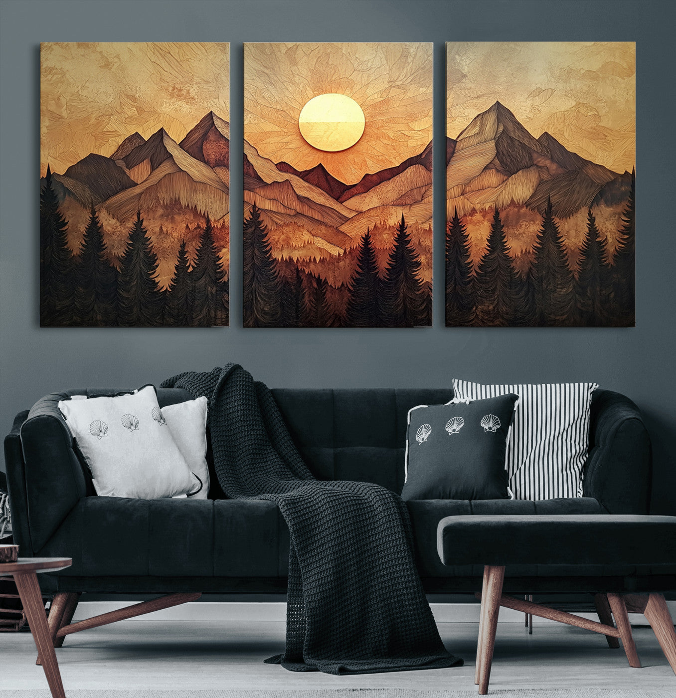 71340-MGV-CV-60X30-3P-Wood Style Abstract Mountain Sunset Canvas Wall Art Print - Warm Earth Nature-Inspired Decor for
