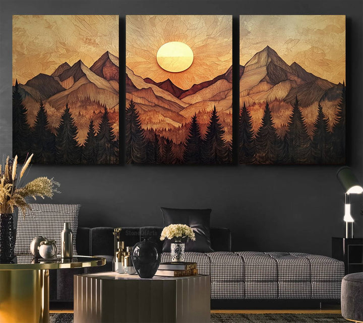 The dining area features a Wood Style Abstract Mountain Sunset canvas wall art print.