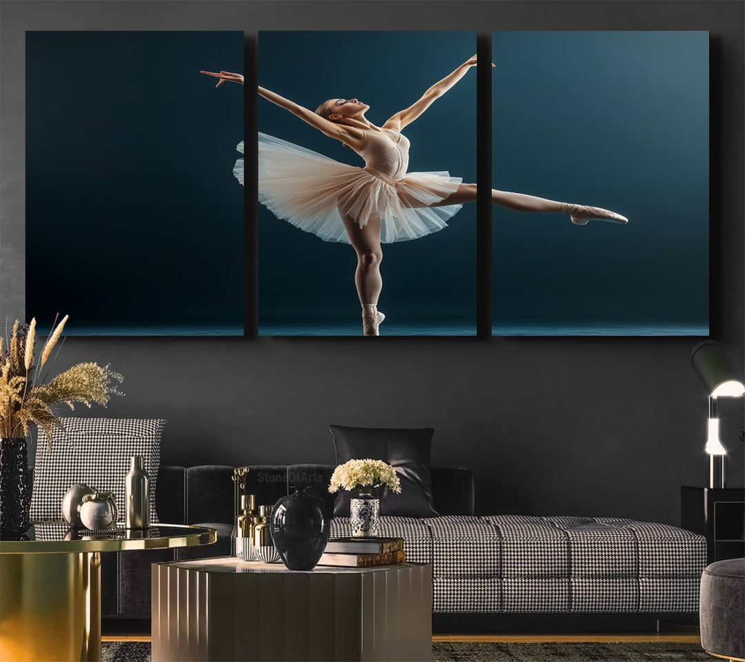 This stunning Ballerina Canvas Wall Art Print captures the elegance of a ballet dancer in motion, beautifully highlighted against a stage-like backdrop with delicate decor and natural elements. As graceful dance-inspired wall decor, it adds an element of grace and movement to any living room, office, or bedroom and is ready to hang.