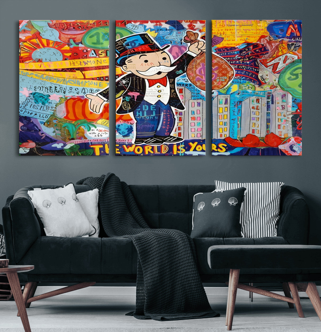 96320-MGV-CV-60X30-3P-Pop Art Monopoly Man Canvas Wall Art Print - Bold and Colorful Street Art-Inspired Decor for Living