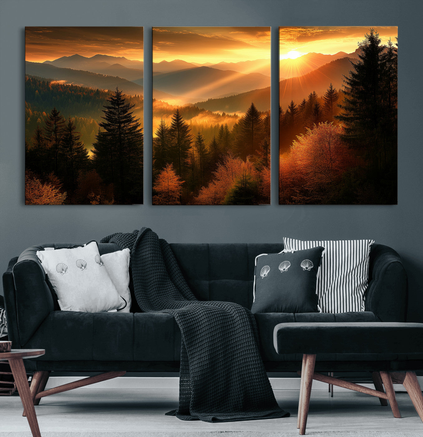 MGV-CV-60X30-3P - Golden Sunset Over Mountain Forest Canvas Wall Art Print - Warm Nature Landscape Print