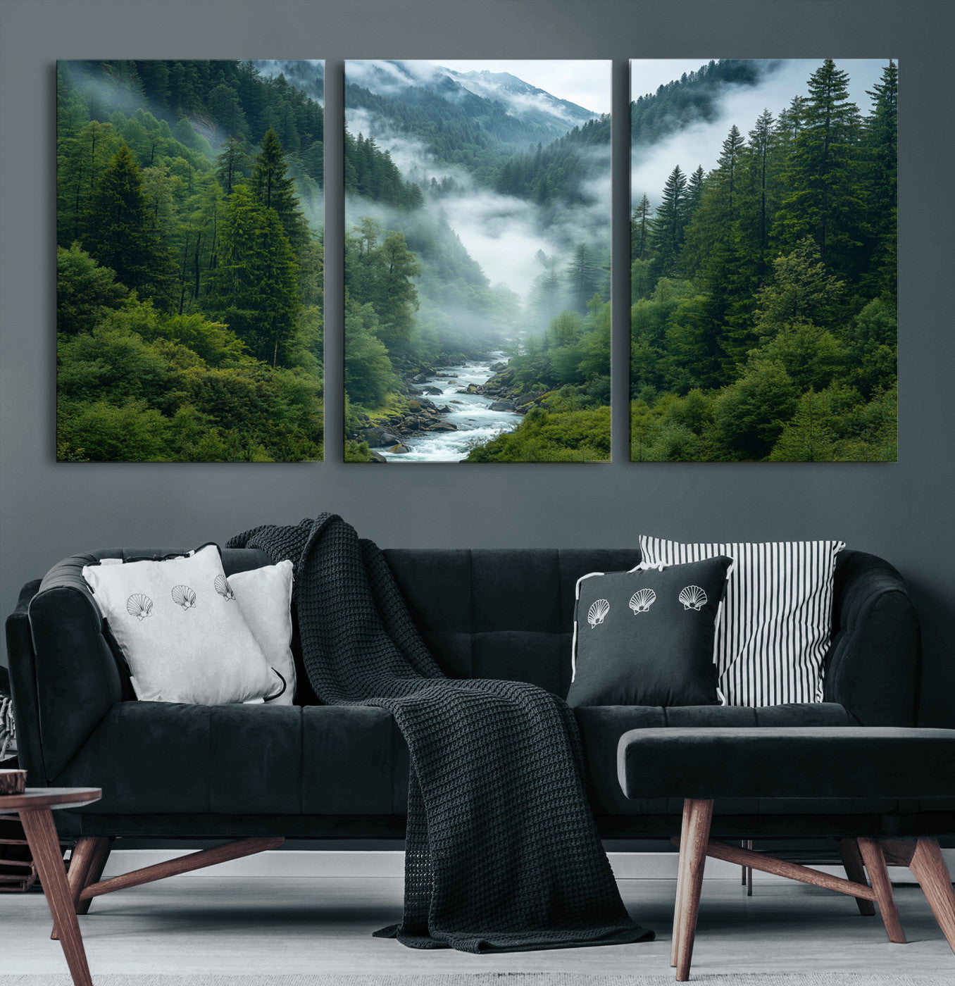 69453-MGV-CV-60X30-3P-Mountain Forest River Canvas Wall Art Print - Serene Nature Landscape for Living Room, Office, or