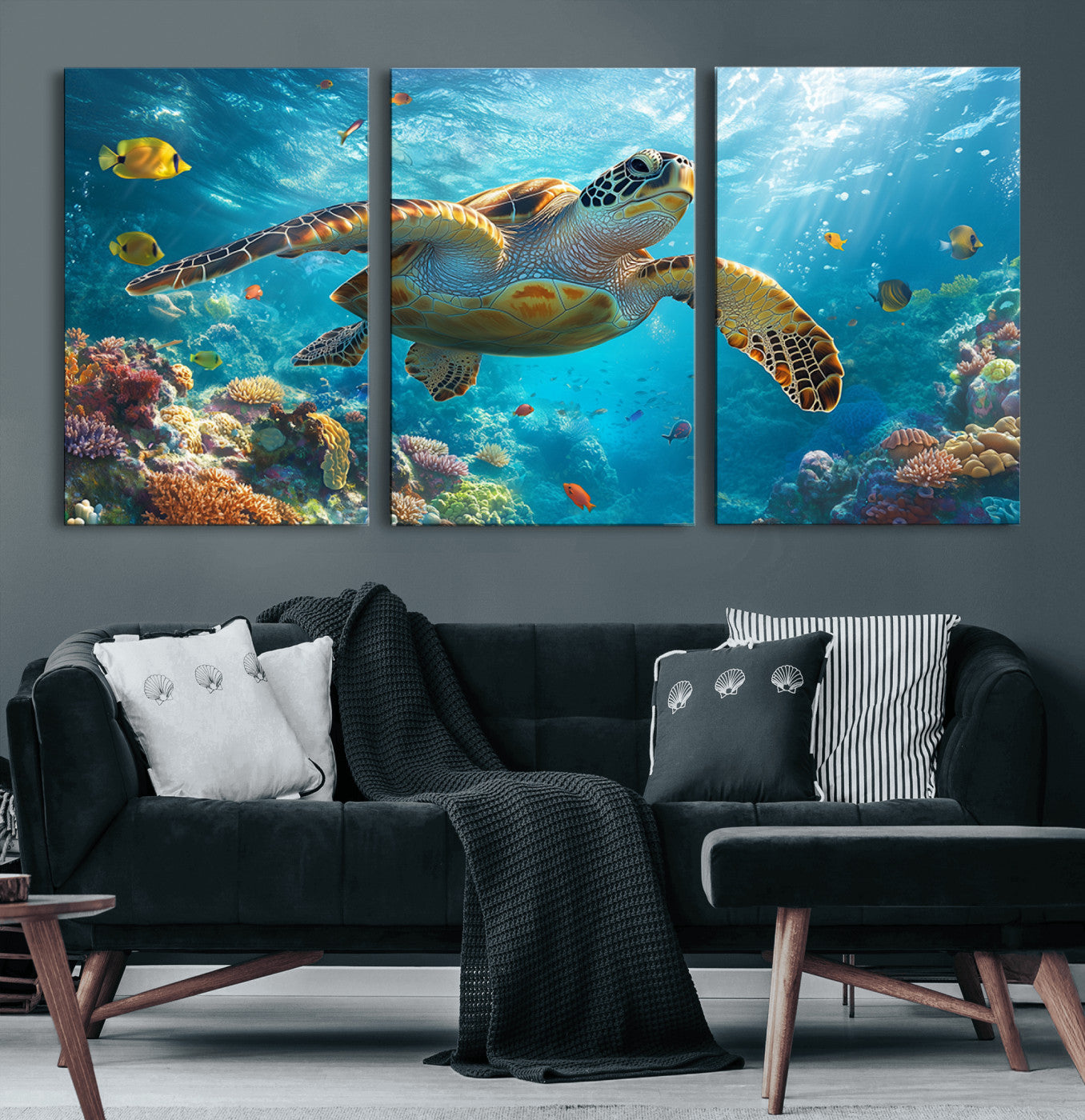 37623-MGV-CV-60X30-3P-Sea Turtle Underwater Canvas Wall Art Print - Vibrant Ocean Wildlife Decor, Marine Wall Art