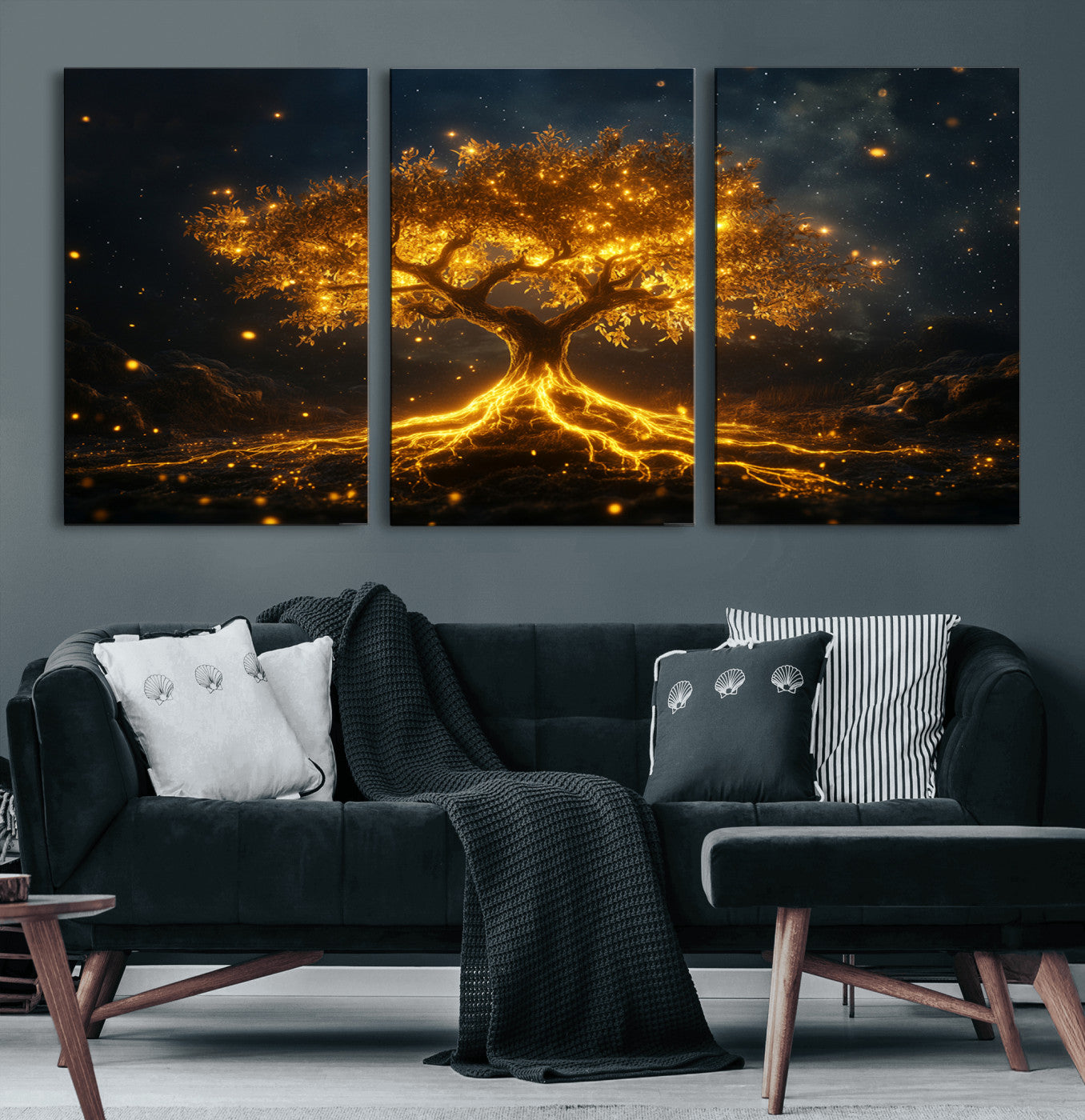 MGV-CV-60X30-3P - Golden Tree of Life Canvas Wall Art Print - Majestic Glowing Tree Design for Living Room, Office, or