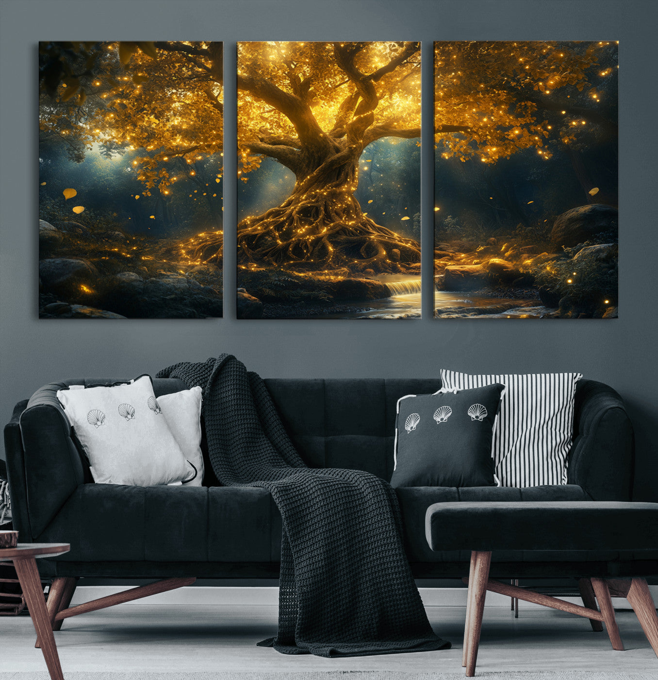 MGV-CV-60X30-3P - Golden Tree of Life Canvas Wall Art Print - Majestic Glowing Tree Wall Art Print