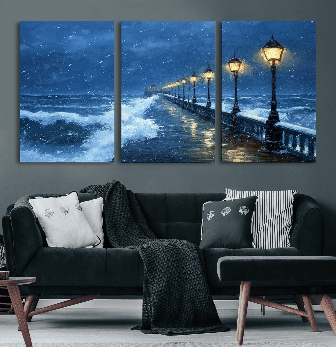 MGV-CV-60X30-3P - Stormy Ocean Pier Lights Canvas Wall Art Print - Large Moody Night Scene for Living Room, or Office,