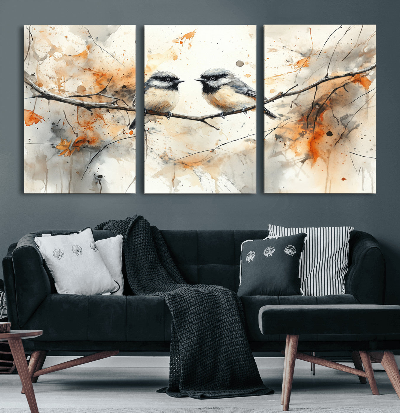 98244-MGV-CV-60X30-3P-Abstract Watercolor Chickadee Bird Canvas Wall Art Print - Large Bird and Branch Wall Art, Modern