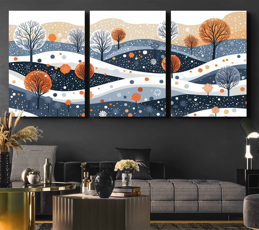 The "Abstract Winter Landscape Canvas Wall Art Print," featuring a triptych of landscapes with trees and hills in vibrant orange, white, and blue hues, adds a gallery-quality finish that transforms the space into an art lover's dream.