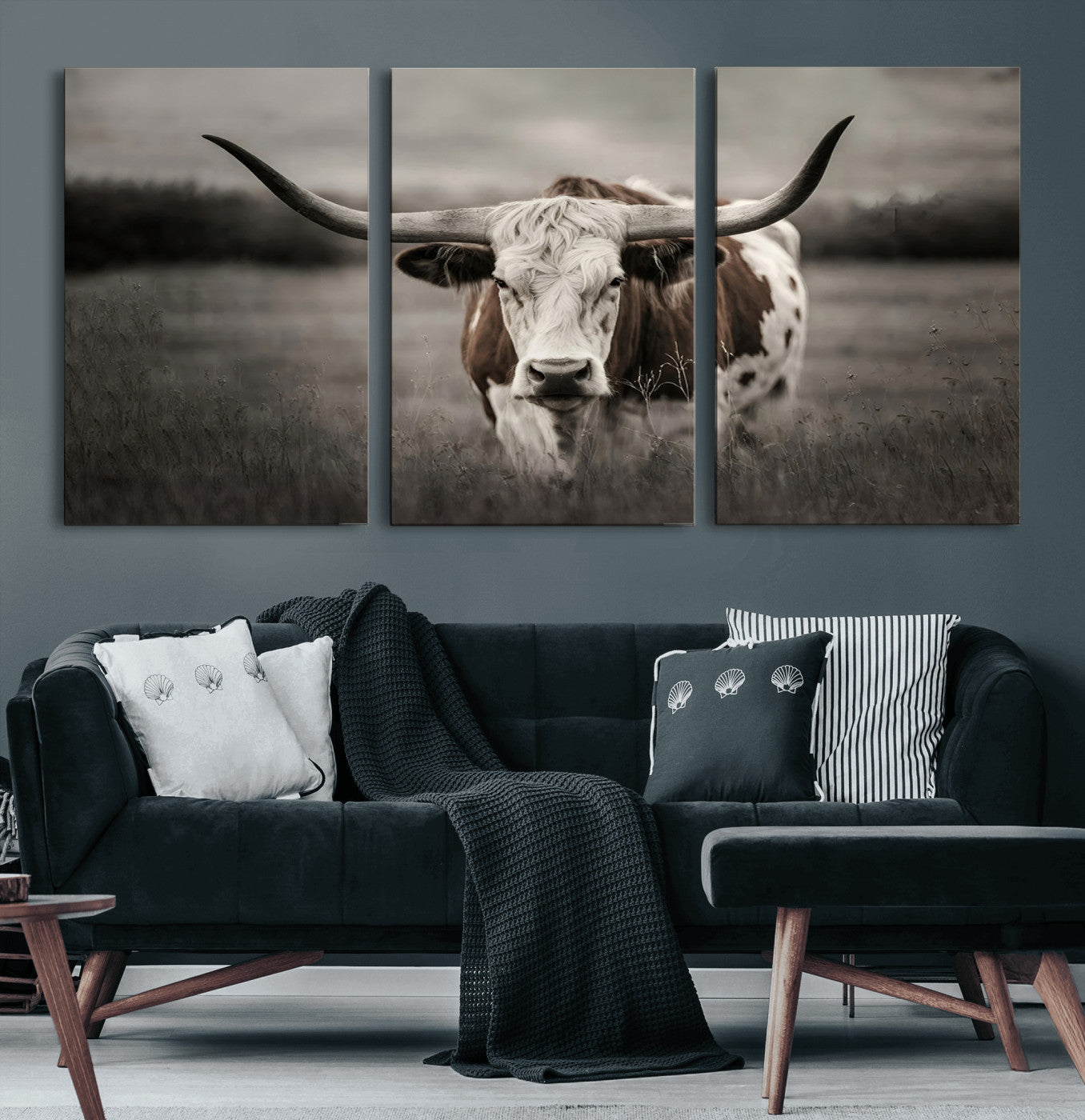 MGV-CV-60X30-3P - Texas Longhorn Cow Canvas Wall Art Print - Large Rustic Longhorn Art for Living Room, Western Wall