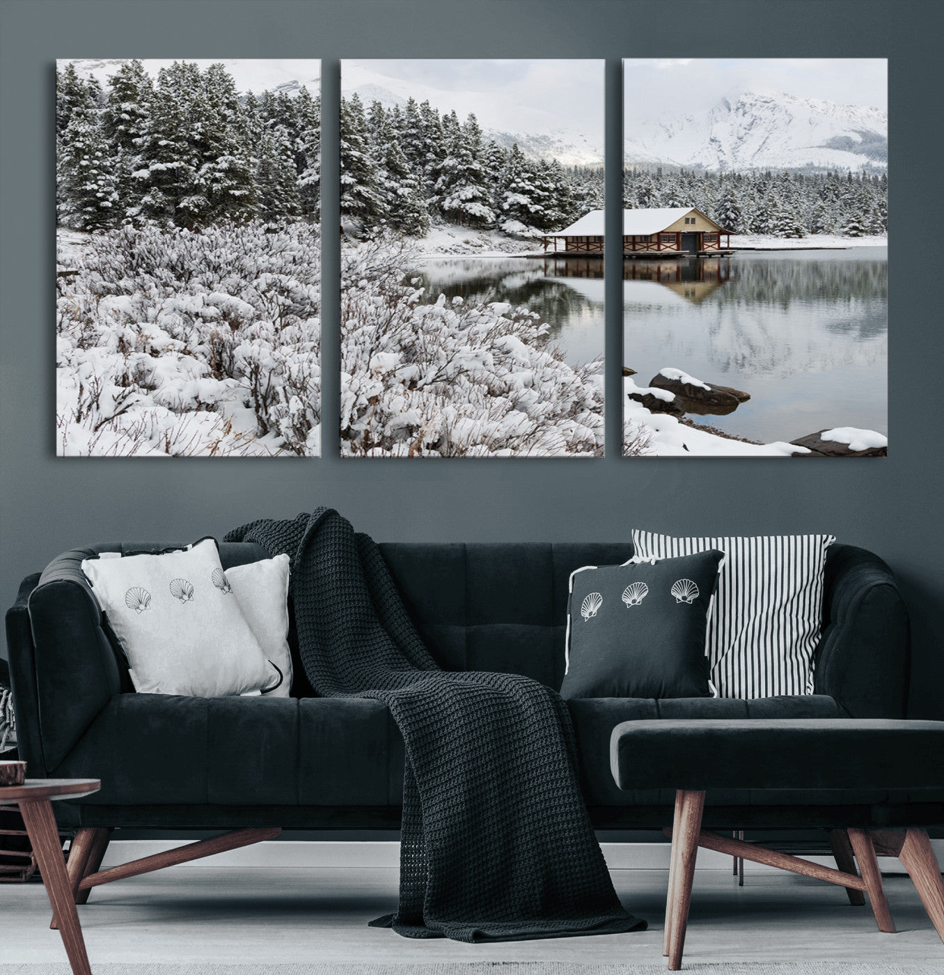 MGV-CV-60X30-3P - Winter Wall Art - Cabin by the Lake Canvas Wall Art - Serene Snowy Landscape with Mountain View,