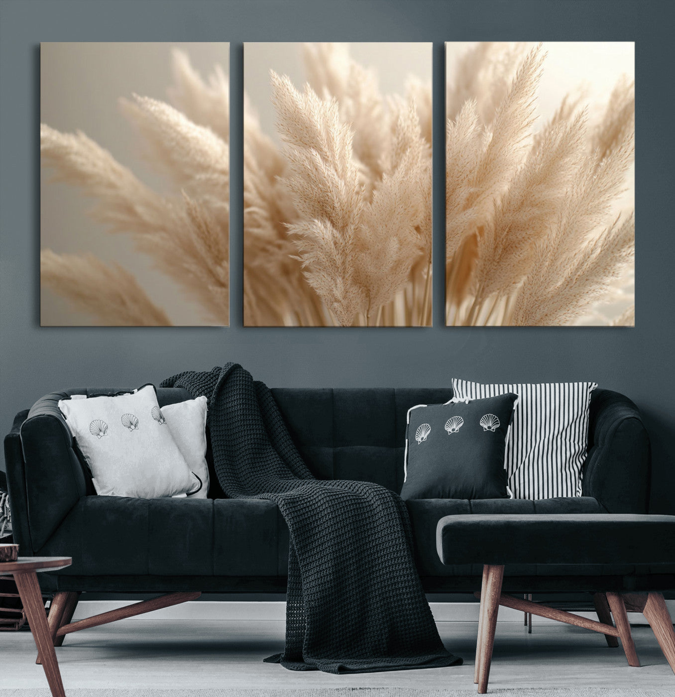 MGV-CV-60X30-3P - Pampas Grass Canvas Wall Art - Elegant Neutral Decor for Living Room, Boho Minimalist Artwork, Ready