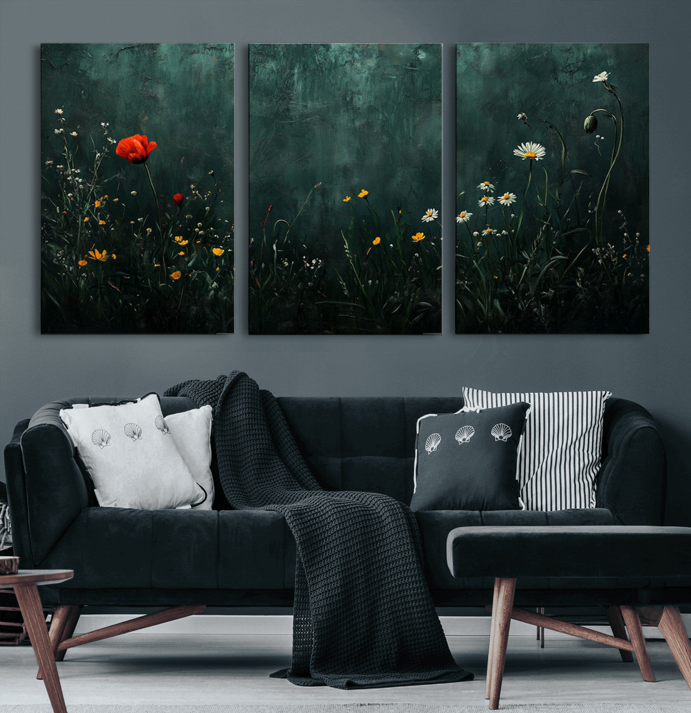 26218-MGV-CV-60X30-3P-Wildflower Field Framed Wall Art, Vintage Botanical Landscape Sign, Botanical Wall Art, Modern