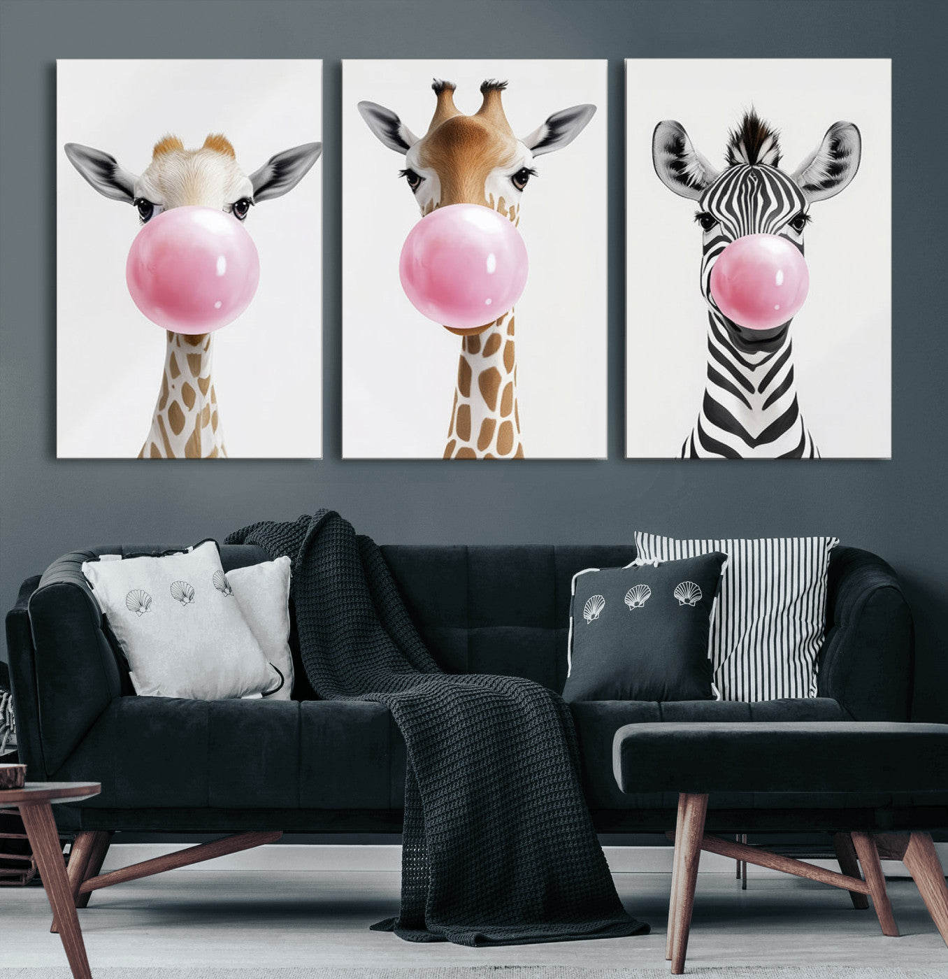 71987-MGV-CV-36X24-Bubblegum Animals Canvas Wall Art - Playful Giraffe and Zebra Trio, Fun Nursery Decor for Kids'