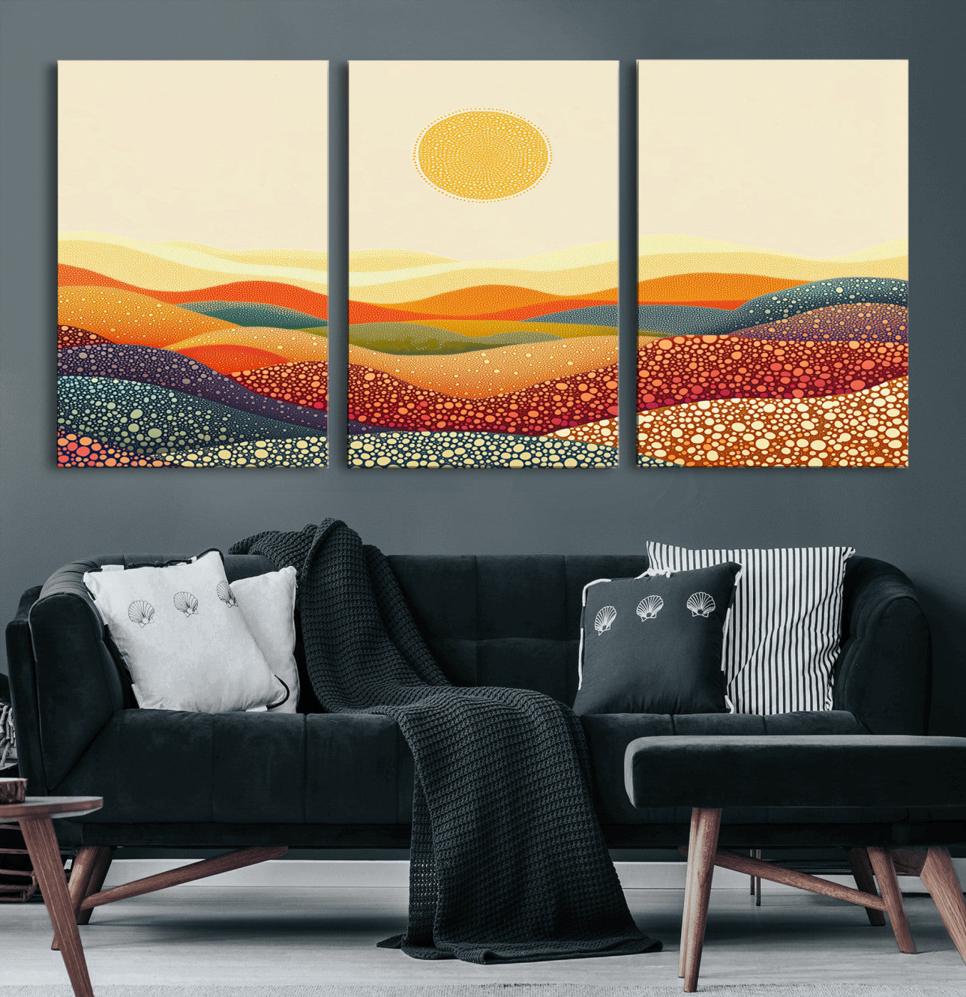 MGV-CV-60X30-3P - YAYOI KUSAMA Colorful Dot Art Landscape Canvas - Framed Abstract Pointillism Inspired by Nature with