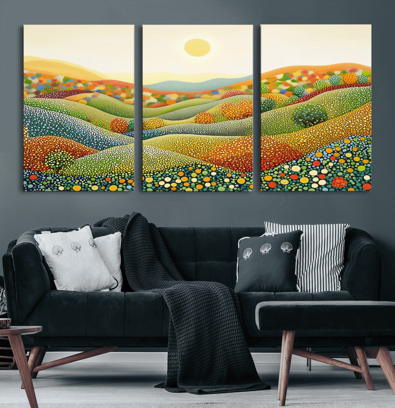 MGV-CV-60X30-3P - YAYOI KUSAMA Wall Art - Colorful Dot Art Landscape Canvas, Framed Japanese Dot Art