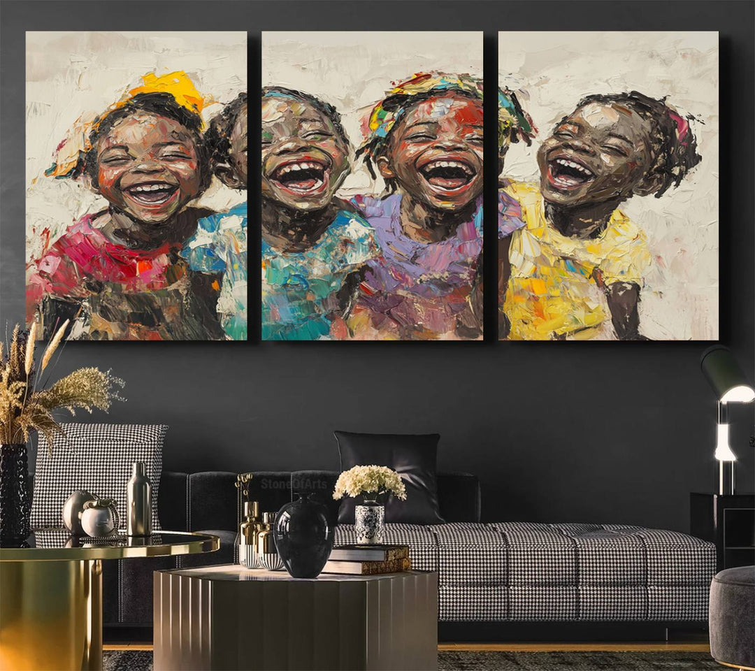 The Shai Yossef style "Joyful Childhood Canvas Wall Art" beautifully depicts an expressive impasto painting of three cheerful black children laughing, capturing the joyous essence of childhood.