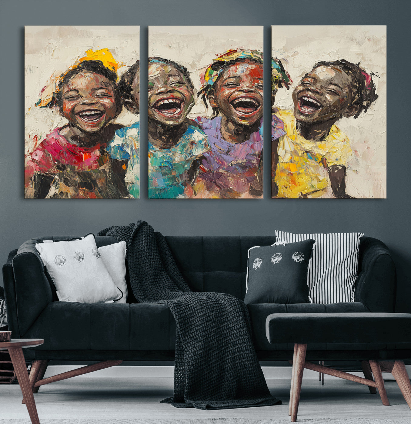 MGV-CV-60X30-3P - Shai Yossef style Joyful Childhood Canvas Wall Art - Expressive Impasto Painting of Black Children