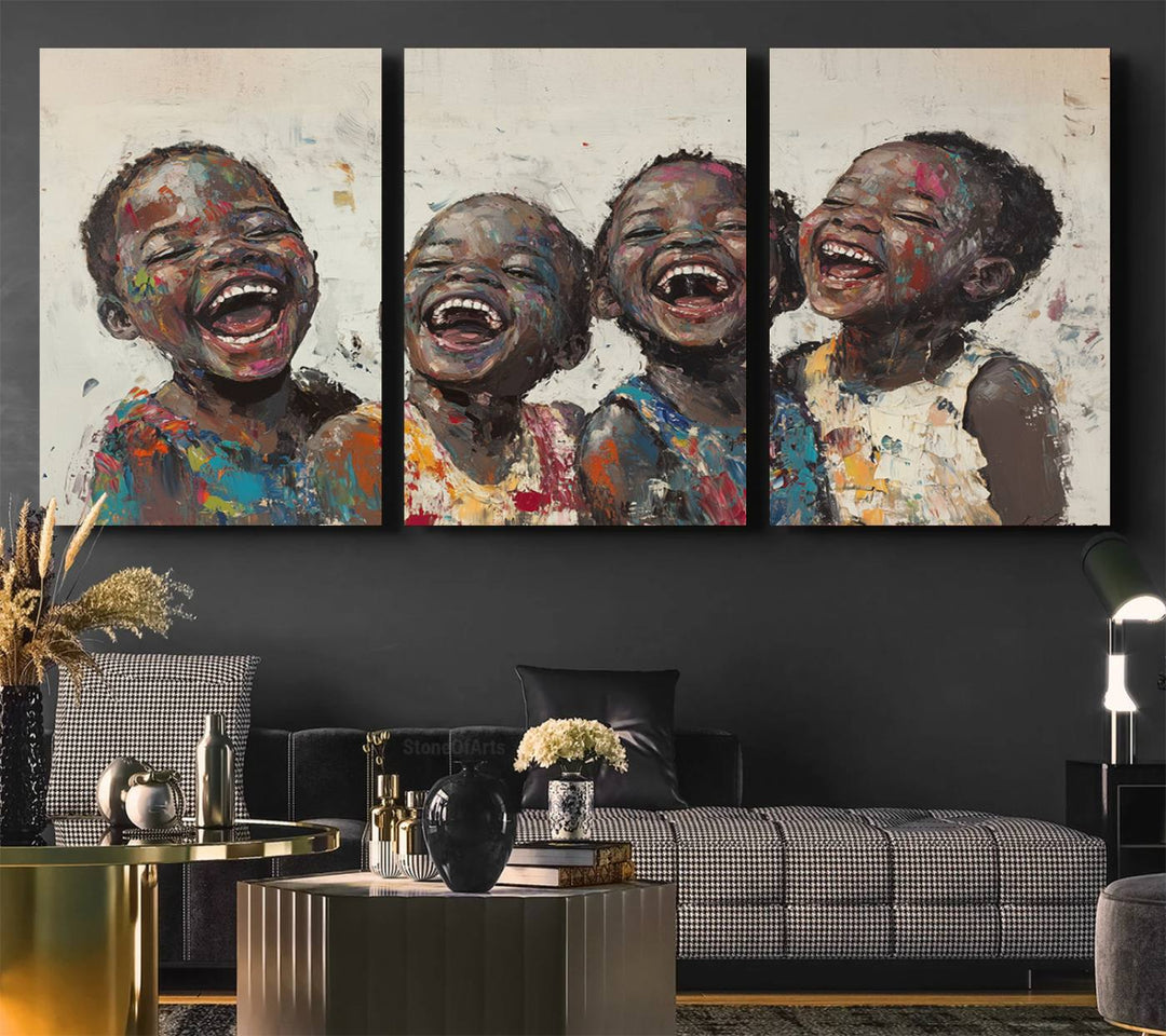 This Shai Yossef Print - Joyful Childhood Canvas Wall Art is an expressive impasto painting of laughing children. As framed abstract art for your living room, it adds a touch reminiscent of Shai Yossef's unique style to any living space.