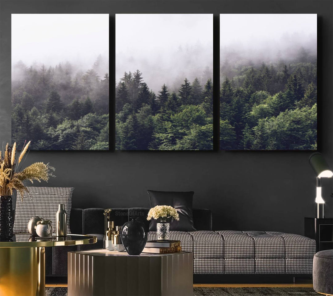 A serene triptych nature print featuring a misty forest, perfect as wall art.