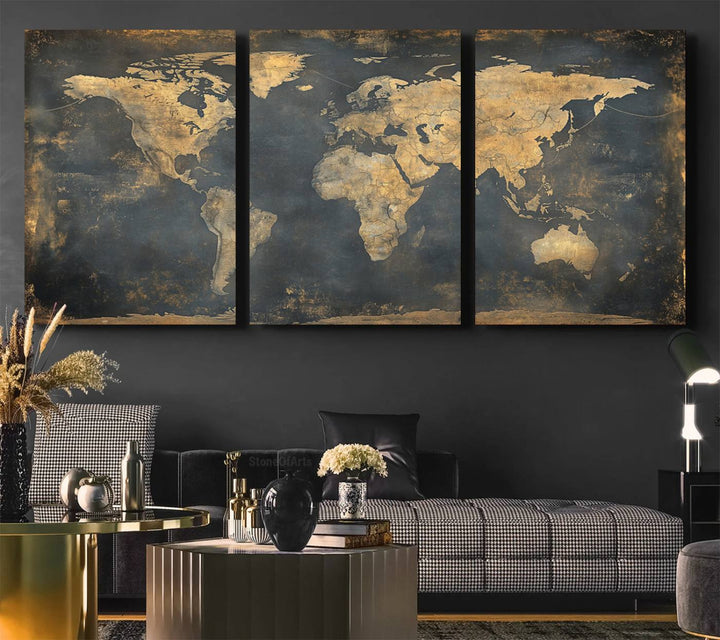 Grunge World Map Canvas Wall Art - Vintage Aged World Map with Golden Tones, Framed Artwork for Living Room, Office, or Study Decor