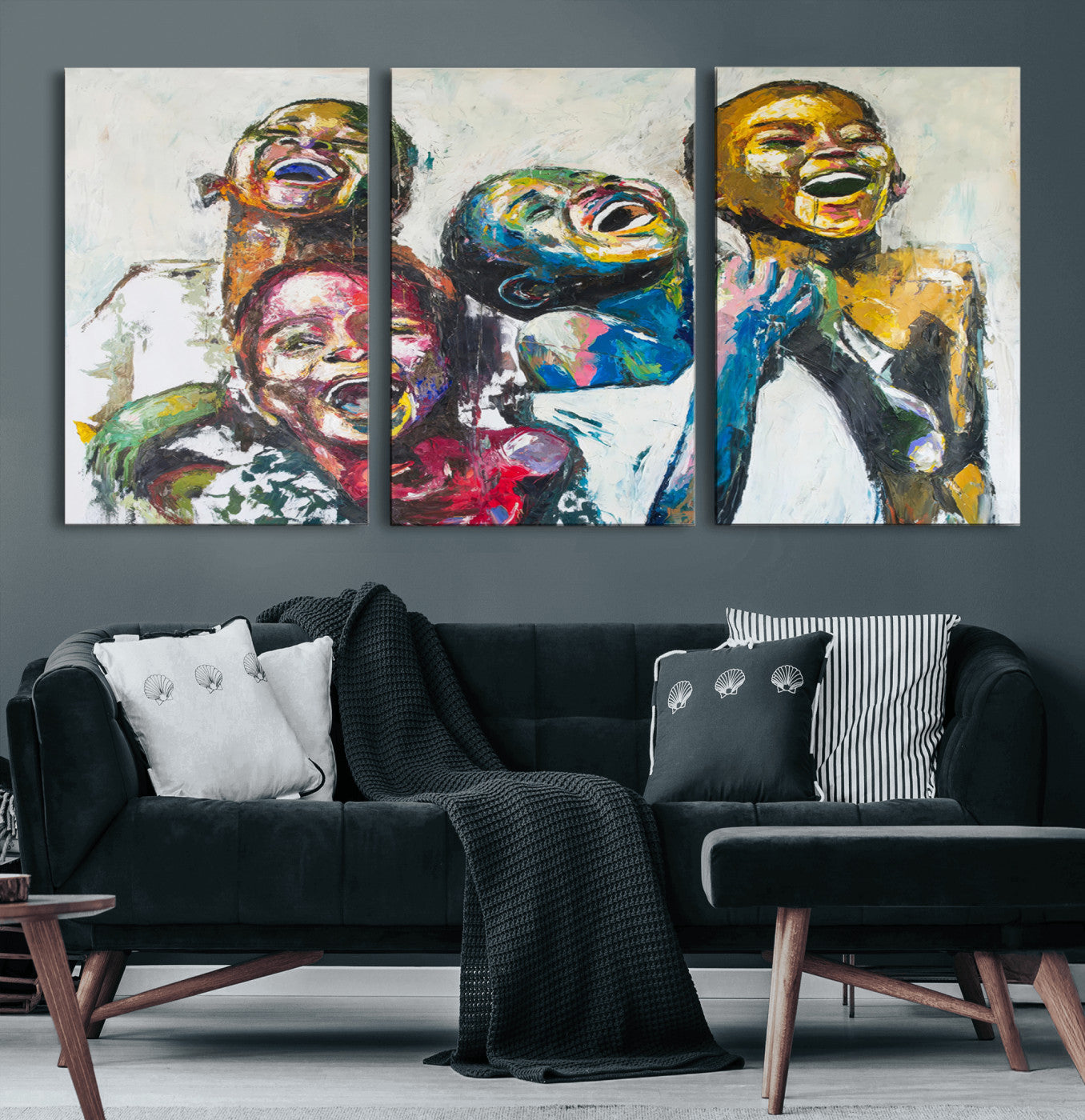 58627-MGV-CV-60X30-3P-Shai Yossef Style Canvas Art - Joyful African Black Kids Impasto Painting with Vibrant Brushstrokes,