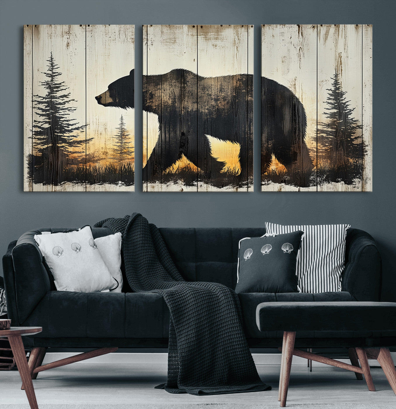 MGV-CV-60X30-3P - Vintage Bear Wall Art Canvas Print for Farmhouse - Mountain Wood Canvas Wall Art - Forest Silhouette