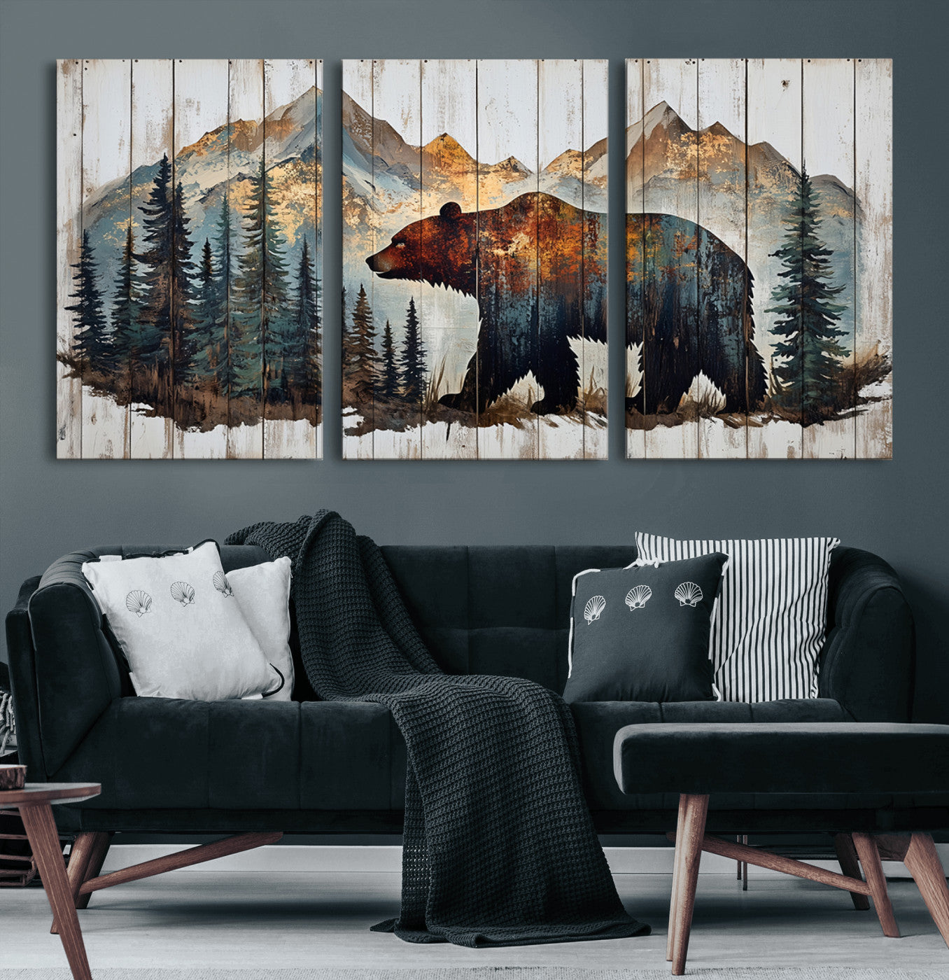 55777-MGV-CV-60X30-3P-Rustic Grizzly 399 Bear and Mountain Wood Canvas Wall Art - Framed Nature Artwork with Forest