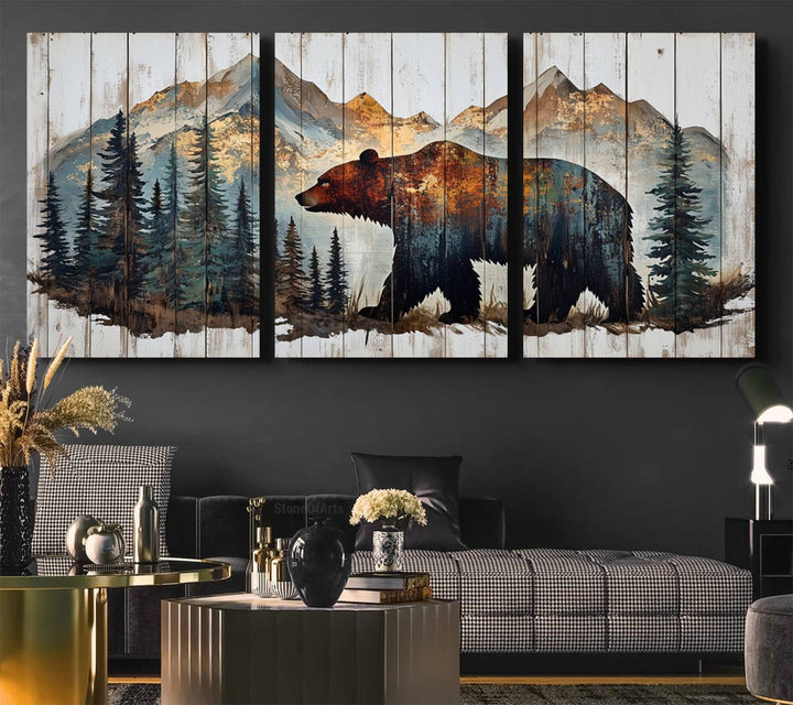 The Rustic Grizzly 399 Bear and Mountain Wood Canvas Wall Art elegantly depicts a majestic bear in a pine forest with mountain silhouettes, expertly framed on distressed wooden panels. This nature-inspired piece infuses charm and warmth, serving as perfect cabin wall decor.