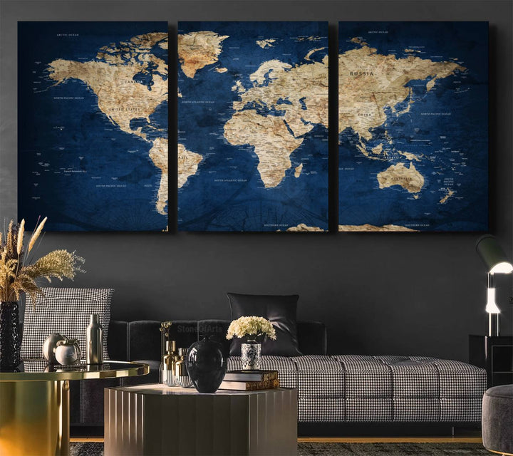 A personalized world map canvas print hangs above.