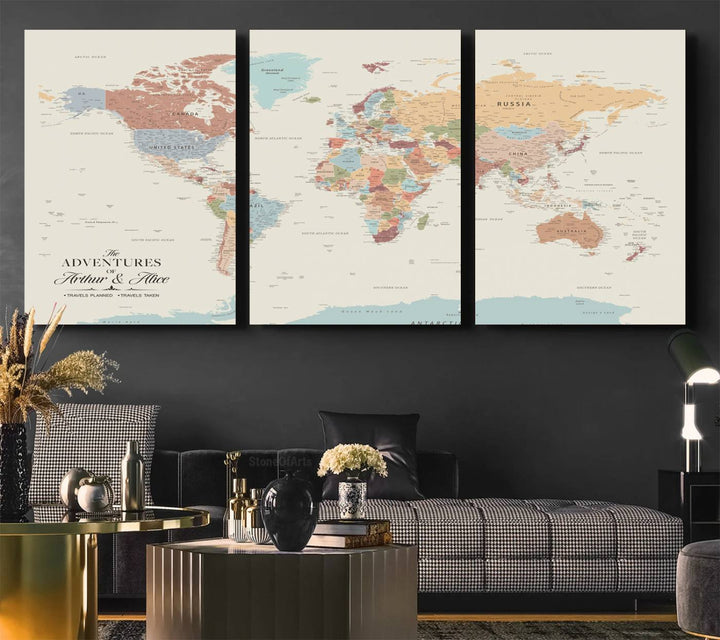 Custom World Map Wall Art Canvas Print - Personalized World Map Wall Art, Customize Wall Art Map Print