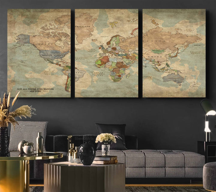 A Personalized World Map Canvas Print in vintage style enhances the setting with its artistic charm.