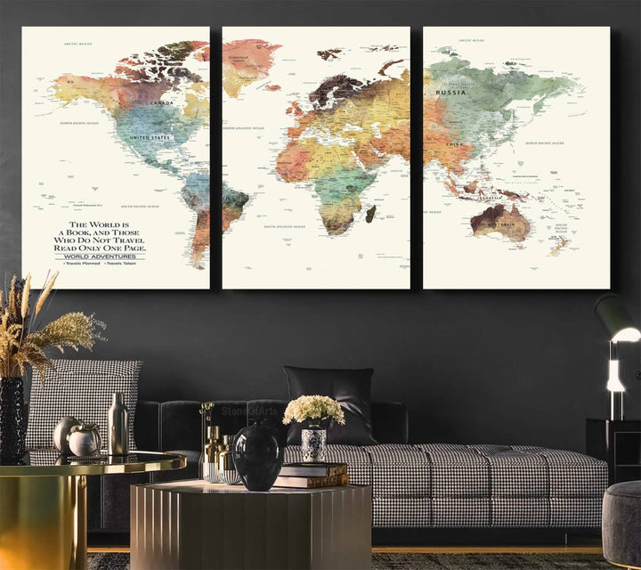 A colorful Personalized World Map Canvas Print, ideal as wall art for living room or office.