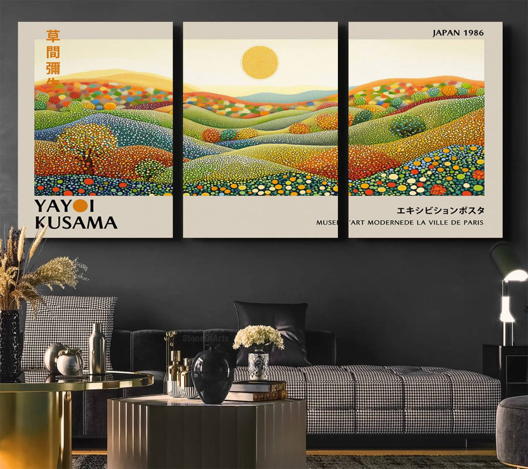 The Yayoi Kusama Wall Art Print – Wabi Sabi Japanese wall art features a vibrant abstract landscape design with dotted patterns and a bright yellow sun.