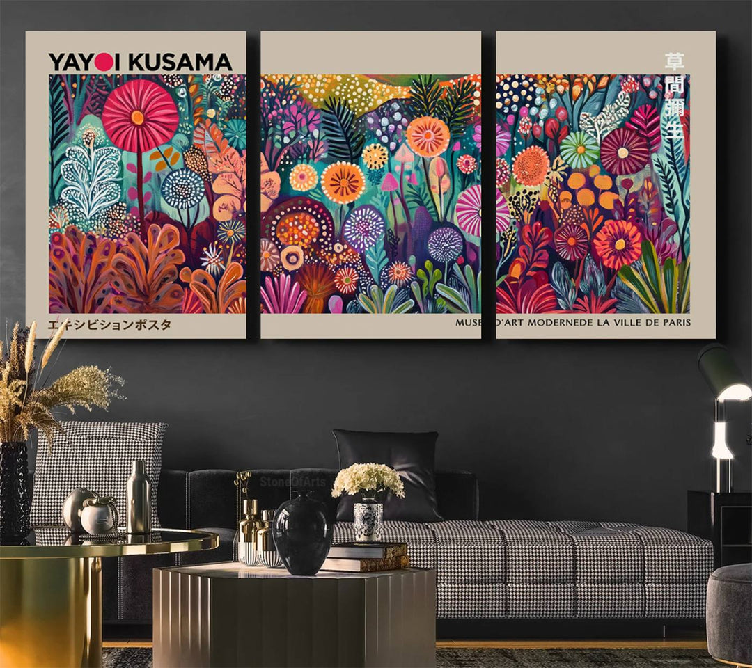 A framed "Yayoi Kusama Wall Art Canvas Print" showcases an abstract floral design, reflecting Japanese aesthetics.