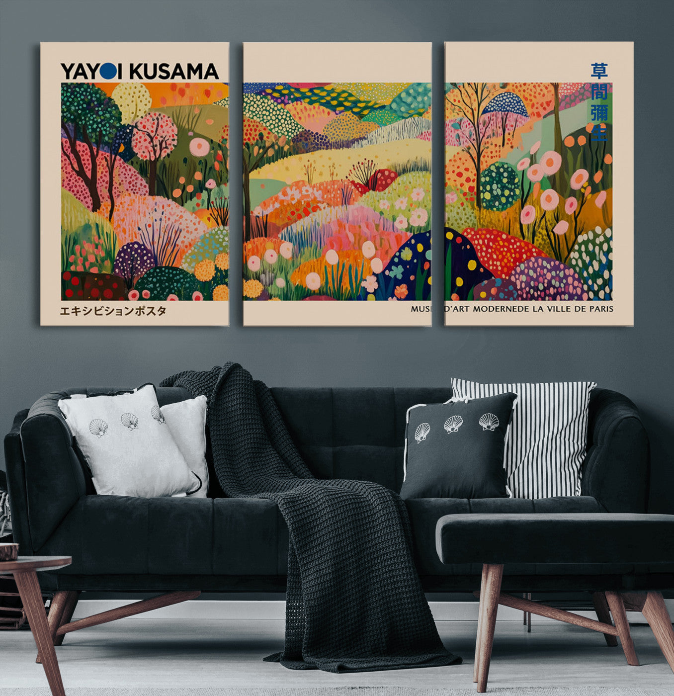 MGV-CV-60X30-3P - Yayoi Kusama Japanese Art Canvas Print, Abstract Art, Large Yayoi Kusama Framed Print, Japanese Wabi
