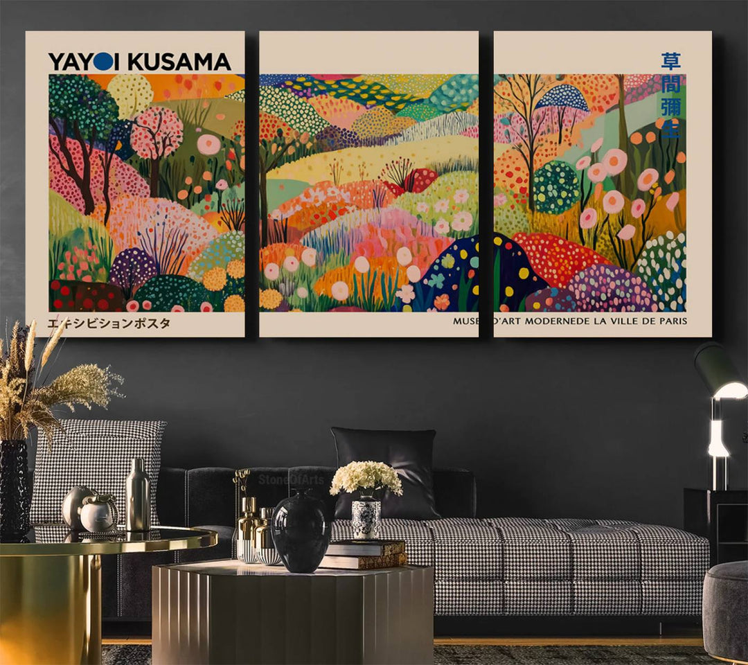 A Yayoi Kusama Wall Art Canvas Print featuring vibrant abstract floral patterns is displayed in a tranquil forest setting.