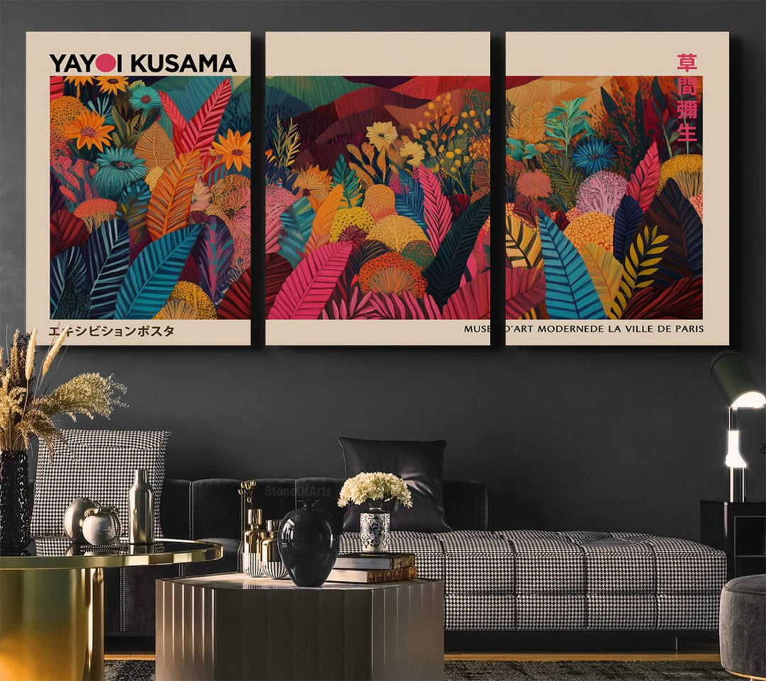 A Yayoi Kusama Wall Art Canvas Print is framed by a window and potted plant.