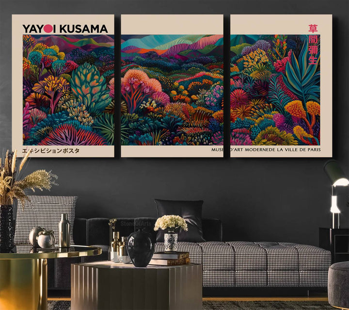 The Yayoi Kusama Wall Art Canvas Print features a vibrant and colorful landscape with abstract vegetation, perfectly capturing the essence of Japanese Wabi Sabi aesthetics.