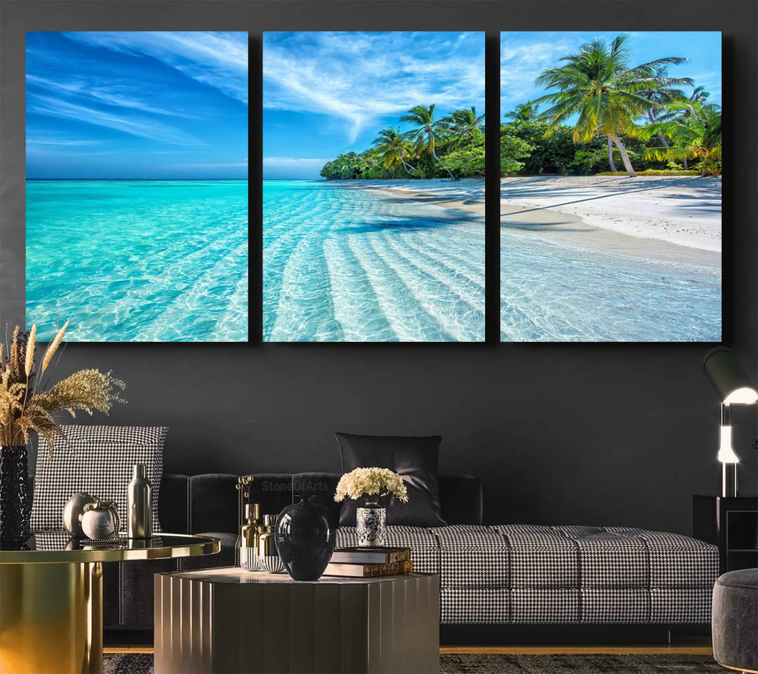 The Tropical Beach Wall Art Canvas Print showcases a serene ocean landscape with crystal clear turquoise water and palm trees, beautifully enhancing the coastal decor.