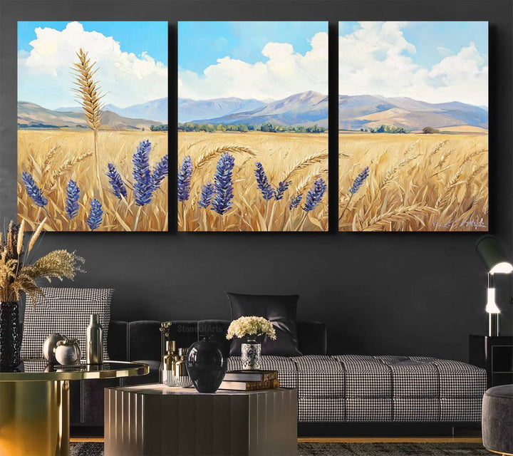 Abstract Wheat Field Wall Art, featuring a scenic landscape canvas print of golden wheat and lavender, adds charm to any farmhouse or rustic decor.