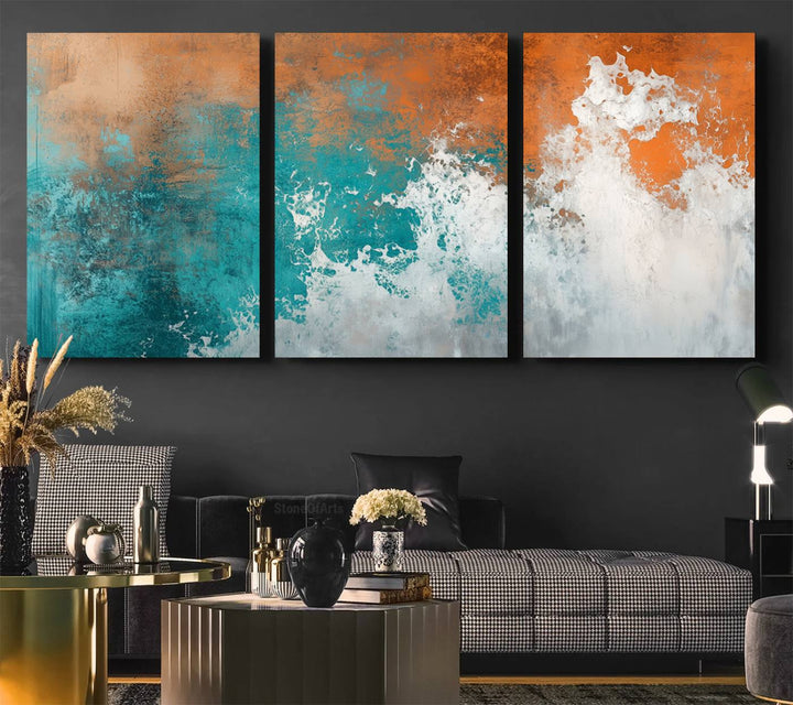 Vintage Abstract Print - Bold Teal and Orange Canvas Wall Art - Retro-Vintage Abstract Orange Canvas for Modern Decor
