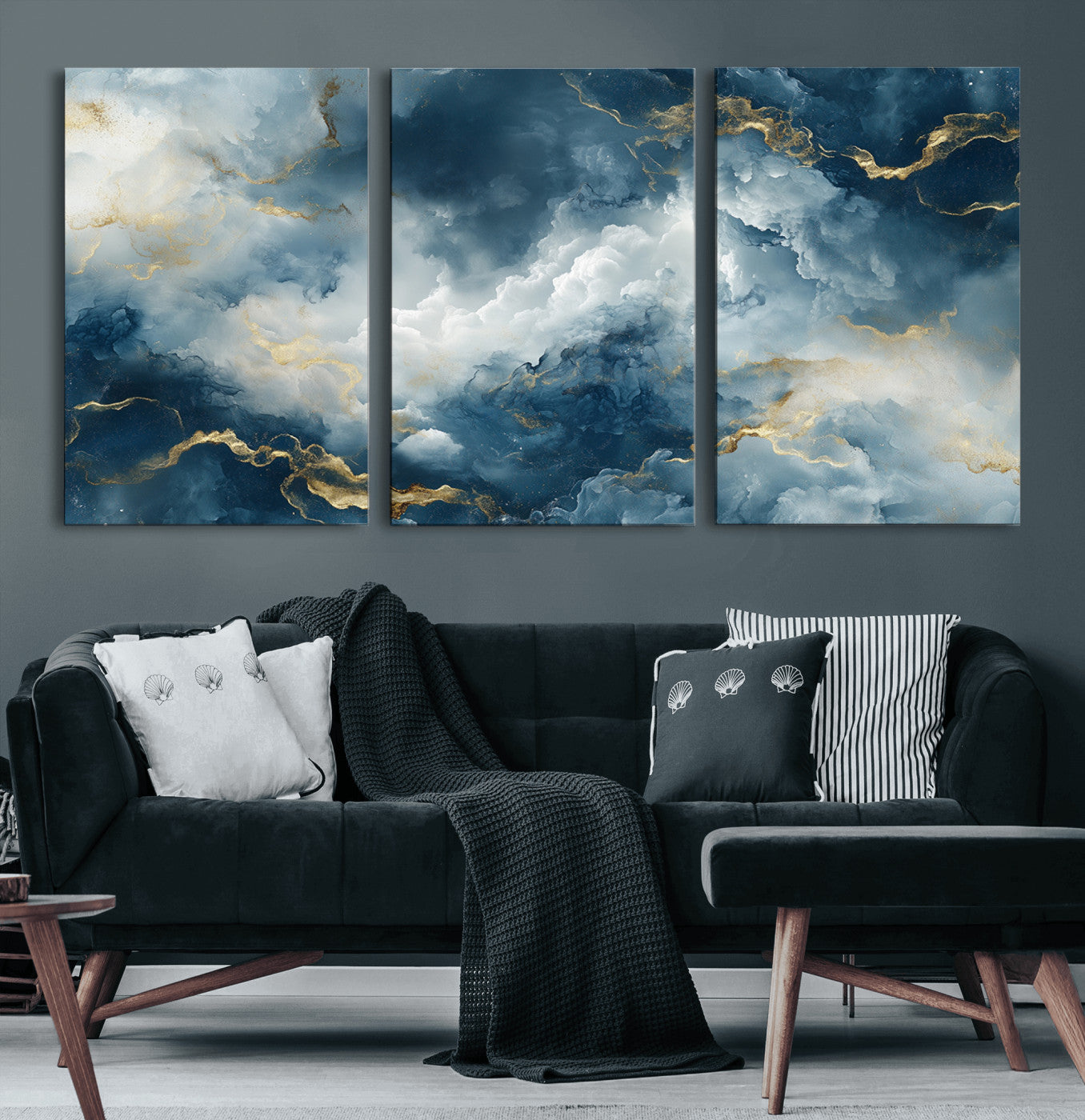 48298-MGV-CV-60X30-3P-Large Abstract Print - Luxe Blue and Gold Abstract Canvas Wall Art - Bold Cloudscape Canvas for