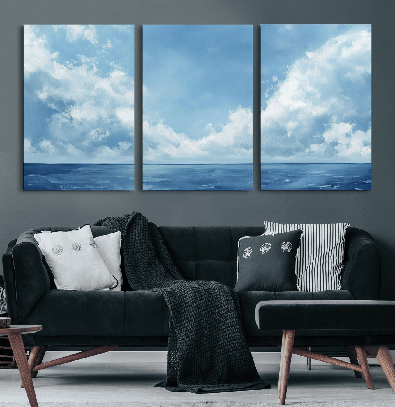 MGV-CV-60X30-3P - Abstract Ocean Print Artwork- Serene Blue Ocean Canvas Wall Art - Minimalist Ocean and Sky Canvas